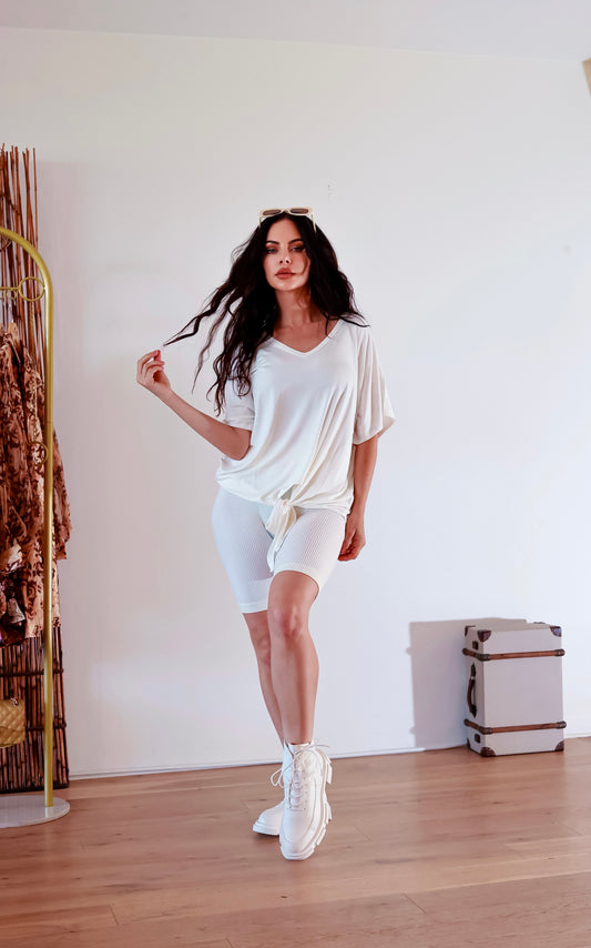 Ribbed Shorts Set: On The Go Front Tie Top in Ivory