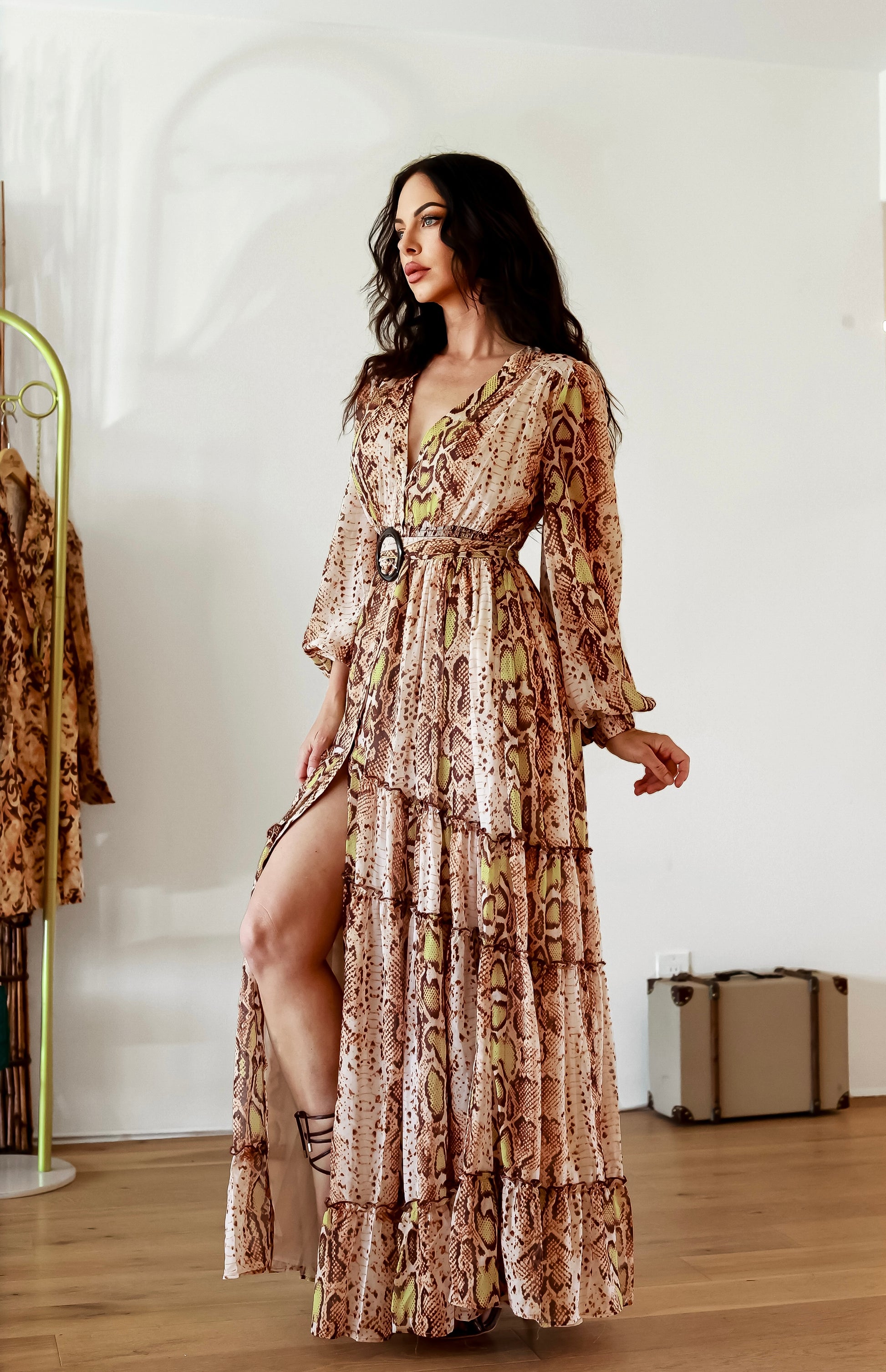 Snake Print Maxi Dress: Wild Savannah With Slit And Long Sleeves – Little Secret Of Mine