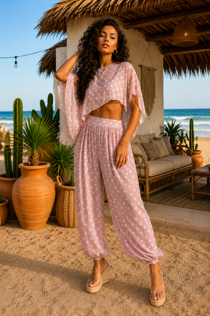 Polka Dot 2-Piece Pant Set: Pretty in Pink High Low Crop Top & Elastic Waist Jogger Set