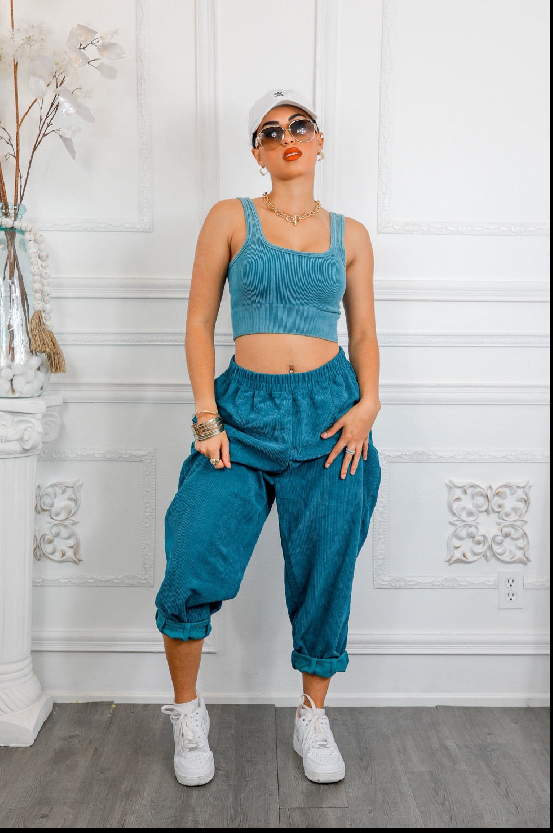 Purple Ribbed Cropped Top & Corduroy Pocket Front Pants Set: Hung Up On You