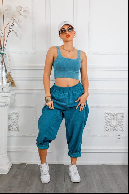 Purple Ribbed Cropped Top & Corduroy Pocket Front Pants Set: Hung Up On You