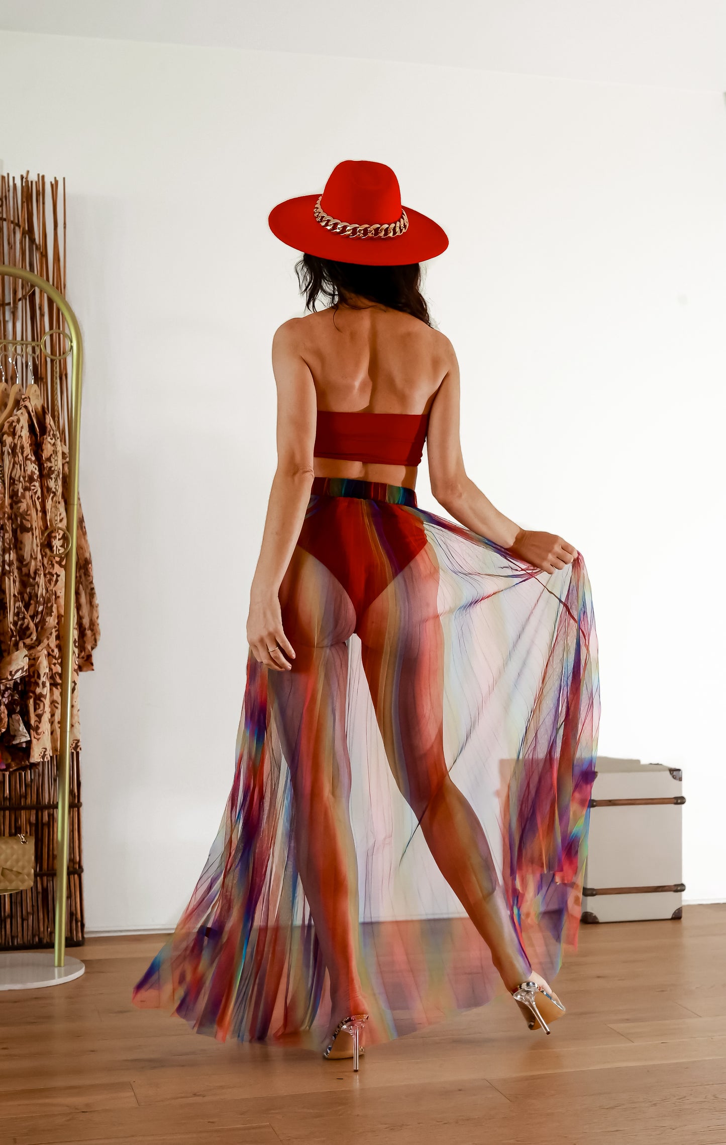 Maxi Sheer Skirt: Diva Energy Rainbow Pleated With Bandeau Top