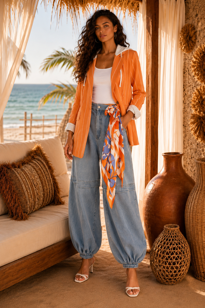 Hooded Stripe Long Sleeve Blazer: Sunset Stroll