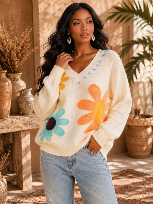 Long Sleeve Elegant V-Neck Floral Sweater: Bloom Where You’re Planted