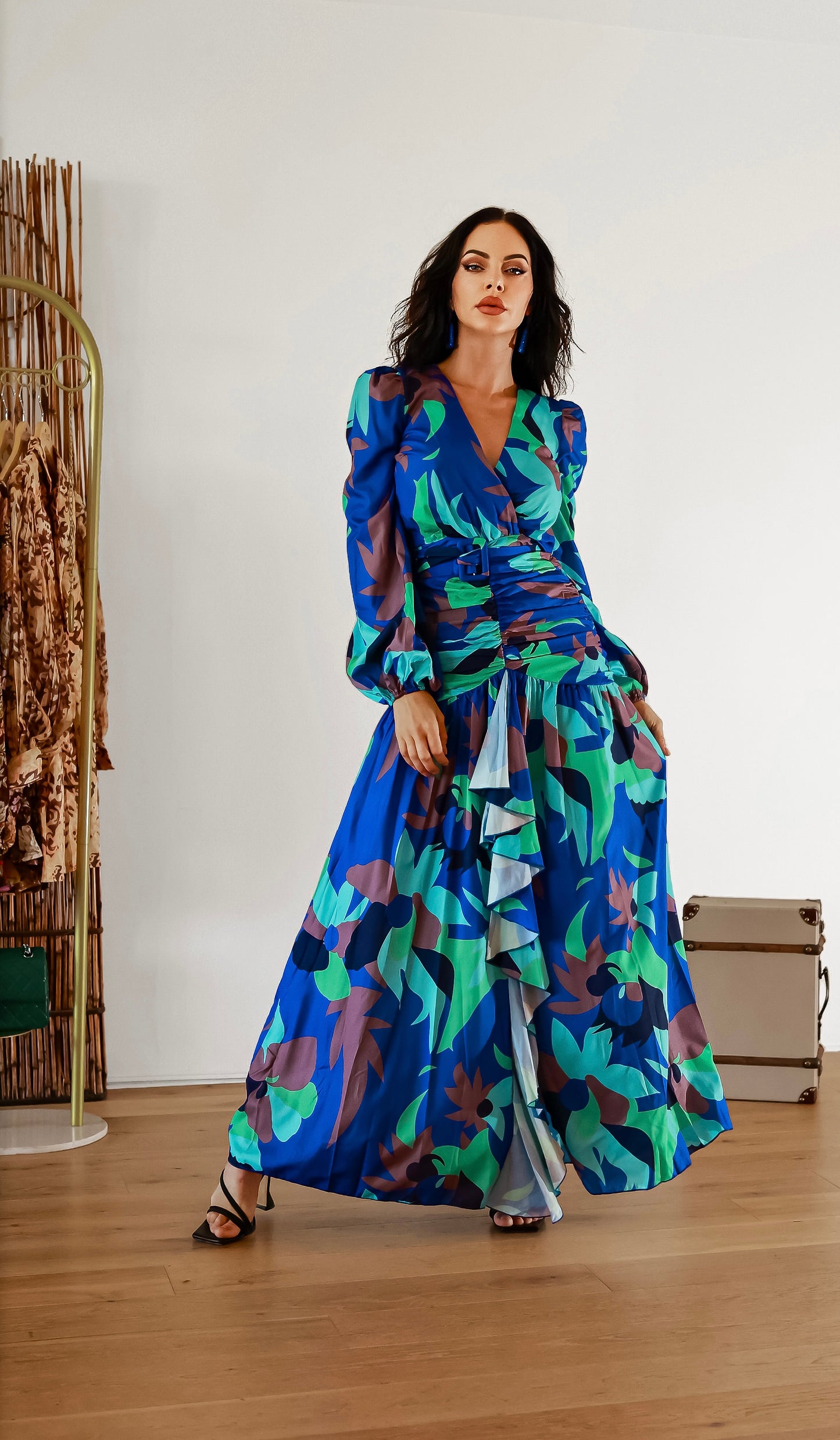 Ruched Waist Maxi Dress: Royal Elegance Floral Abstract Print