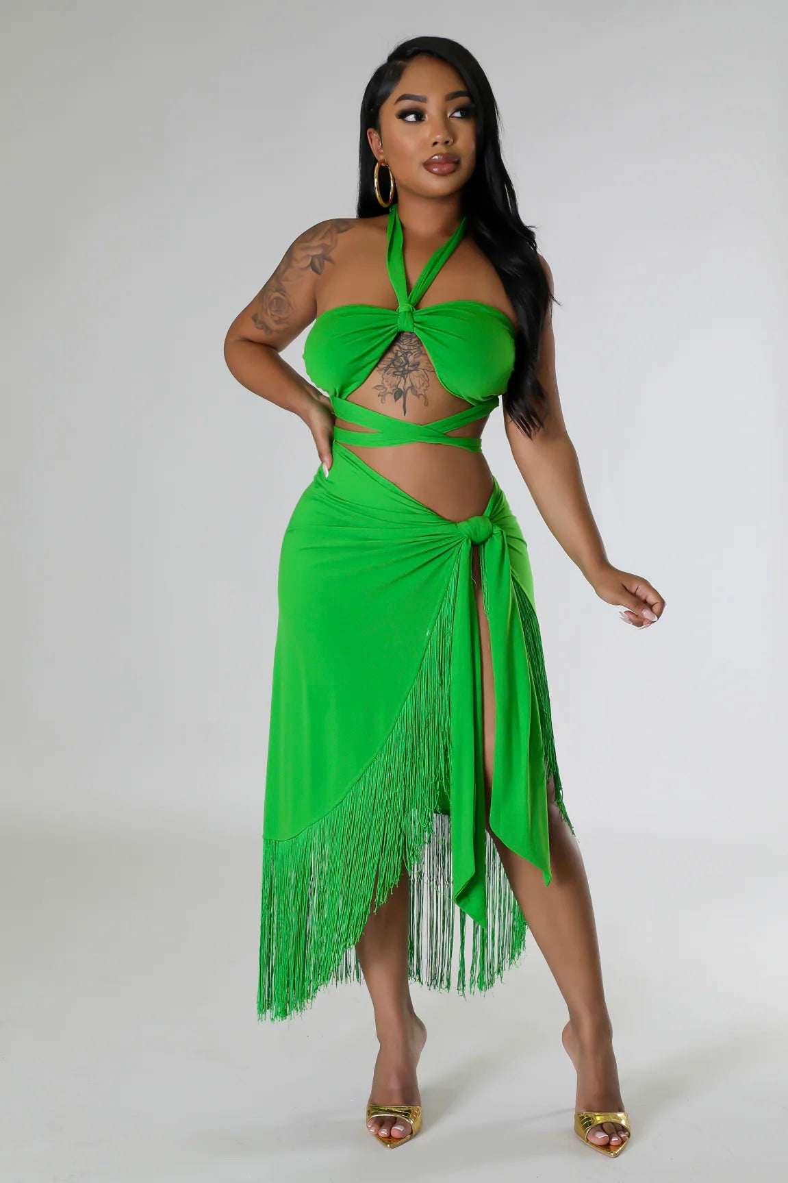 Backless Halter Top & Wrap Set: Emerald Oasis Green Fringe Wrap