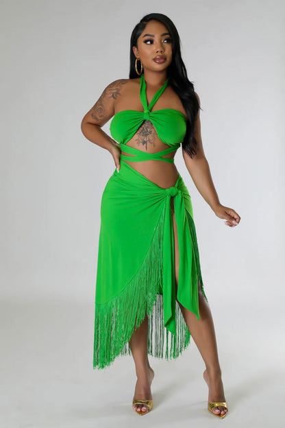 Backless Halter Top & Wrap Set: Emerald Oasis Green Fringe Wrap