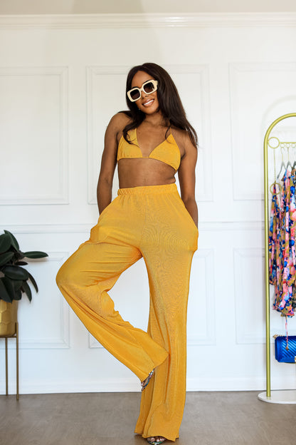 Plisse Pant Set: Seaside Soiree 2 Piece Pleated Set in Yellow