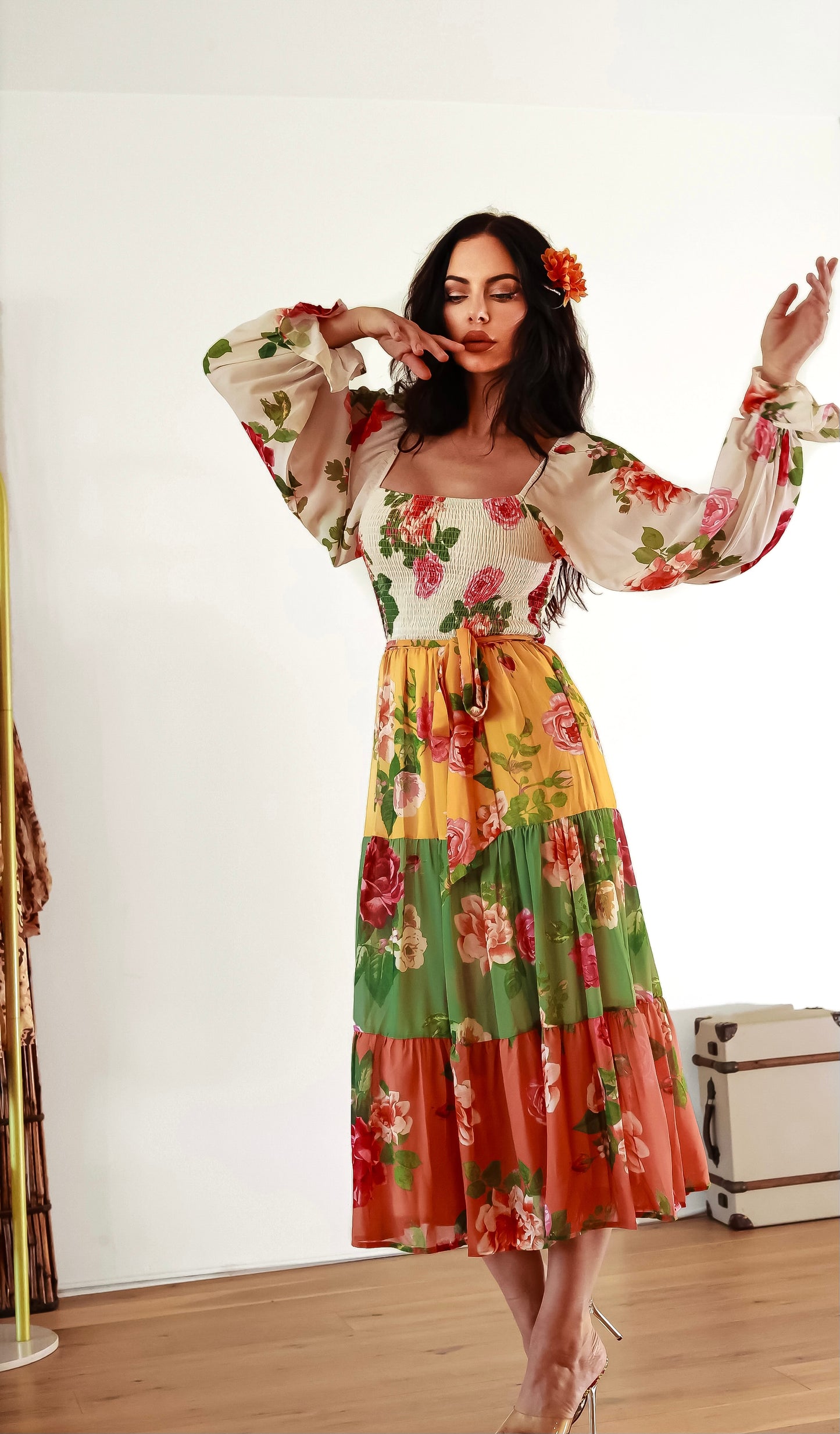 Tiered Midi Dress With Sleeves: Garden of Roses Floral Print