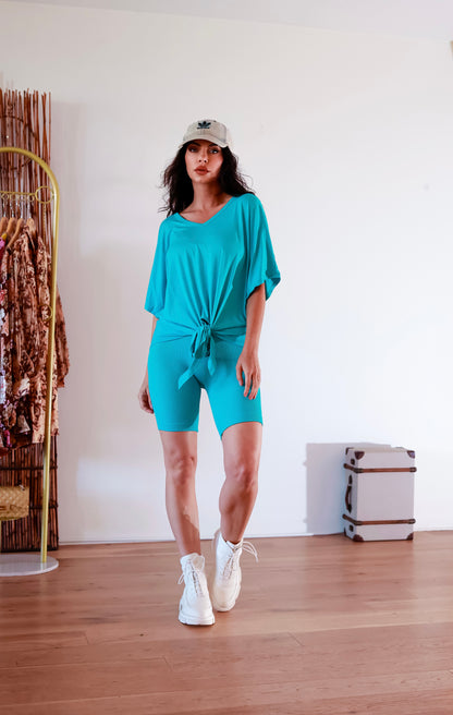 Ribbed Shorts Set: On The Go Front Tie Top in Aqua Blue