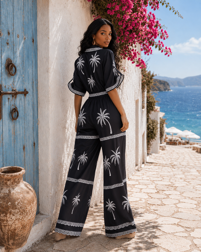 Palm Print Wide Leg Jumpsuit : Tropical Gateway
