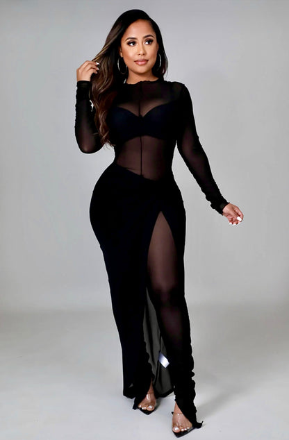 Sheer Jumpsuit Long Sleeve: Seductive Ruched Wrap Skirt in Black