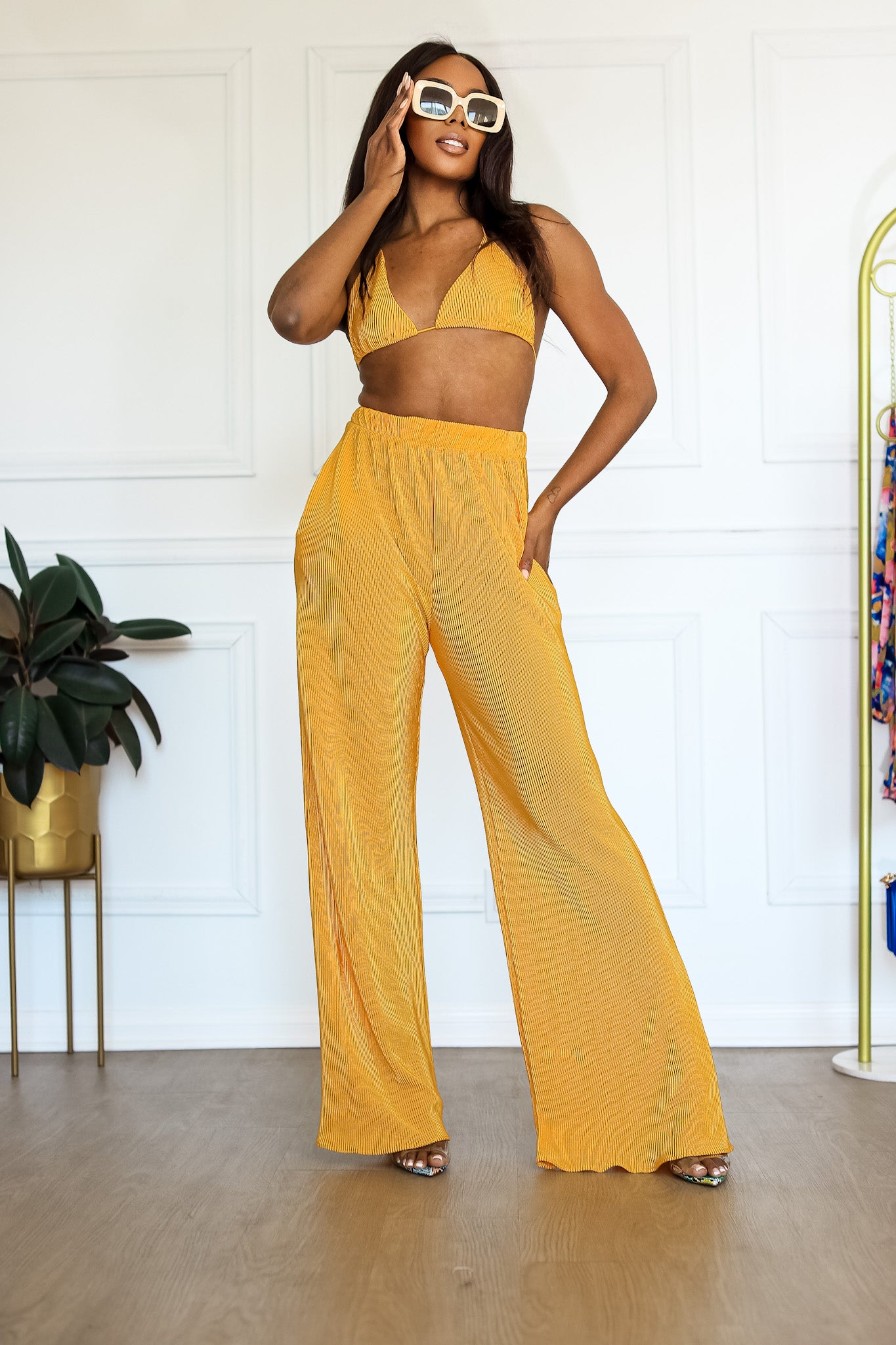 Plisse Pant Set: Seaside Soiree 2 Piece Pleated Set in Yellow