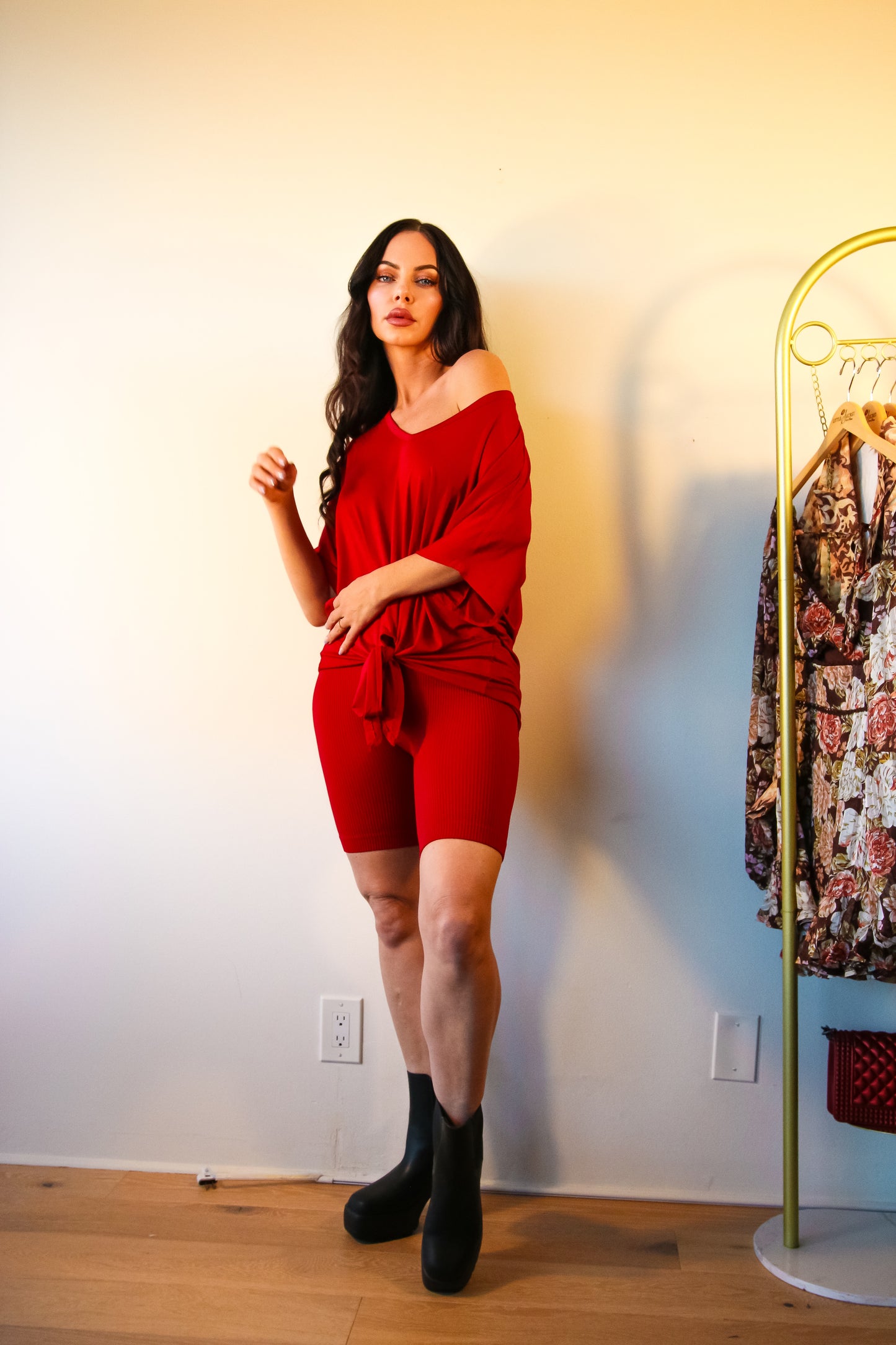 Ribbed Shorts Set: On The Go Front Tie Top in Burgundy