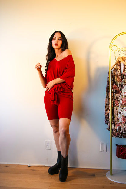 Ribbed Shorts Set: On The Go Front Tie Top in Burgundy