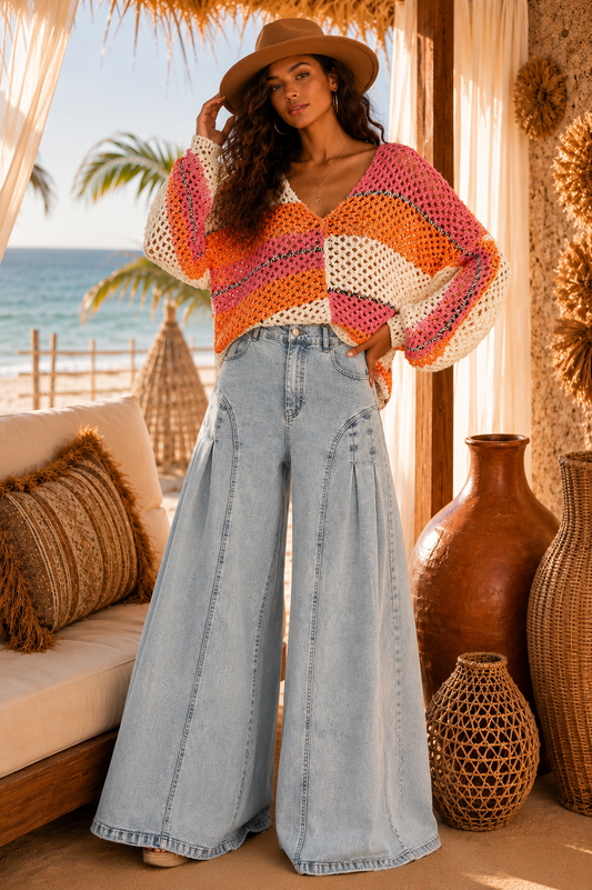 Long Sleeve V-Neck Colorblock Knit Sweater: Winsinkal Sorbet Dreams