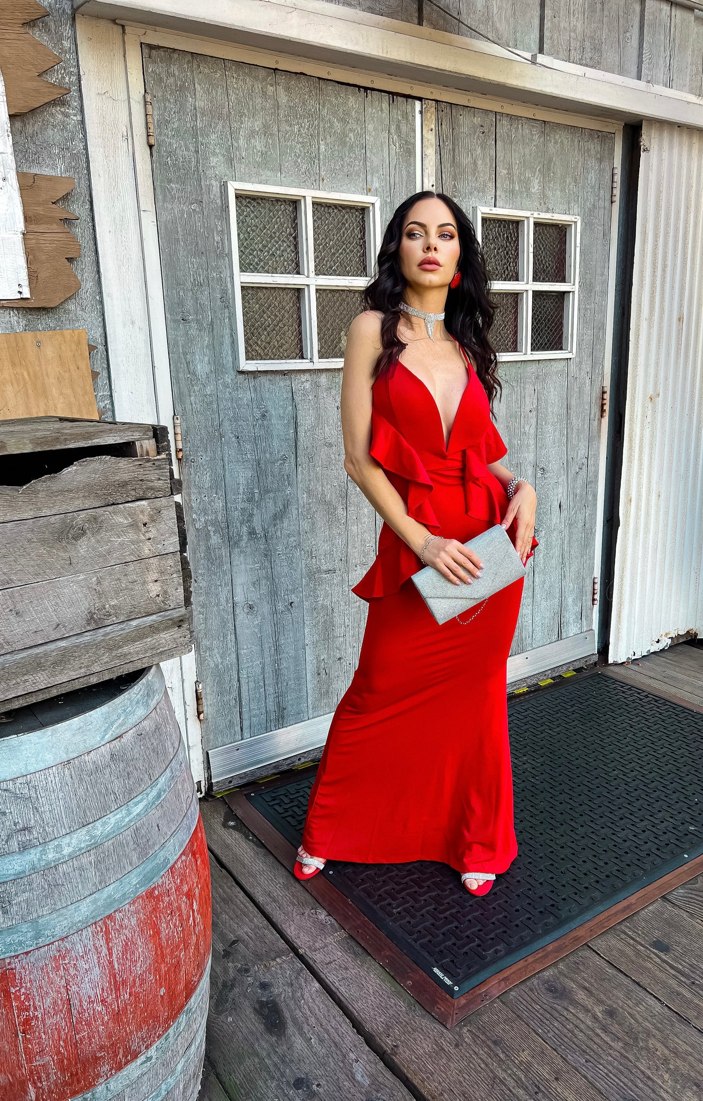 Sleeveless V-Neck Maxi Dress: Hollywood Glow Halter in Red