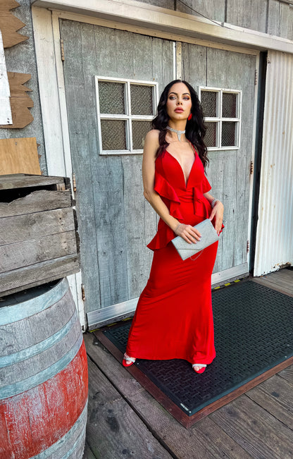 Sleeveless V-Neck Maxi Dress: Hollywood Glow Halter in Red