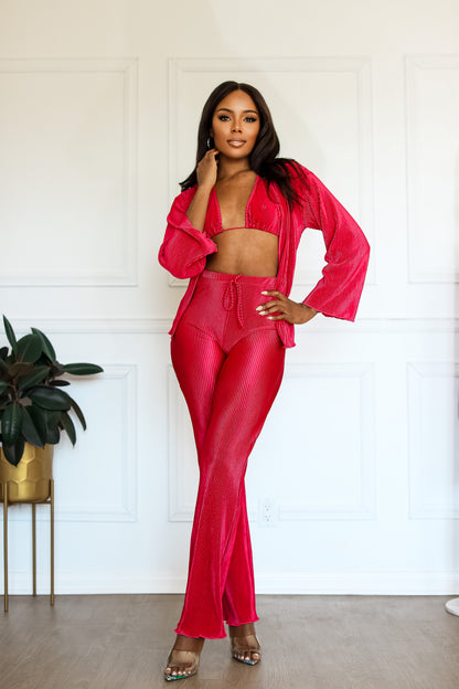 Plisse Set 3 Piece: Allure Elegance Fuchsia Whimsical Pleated Pink