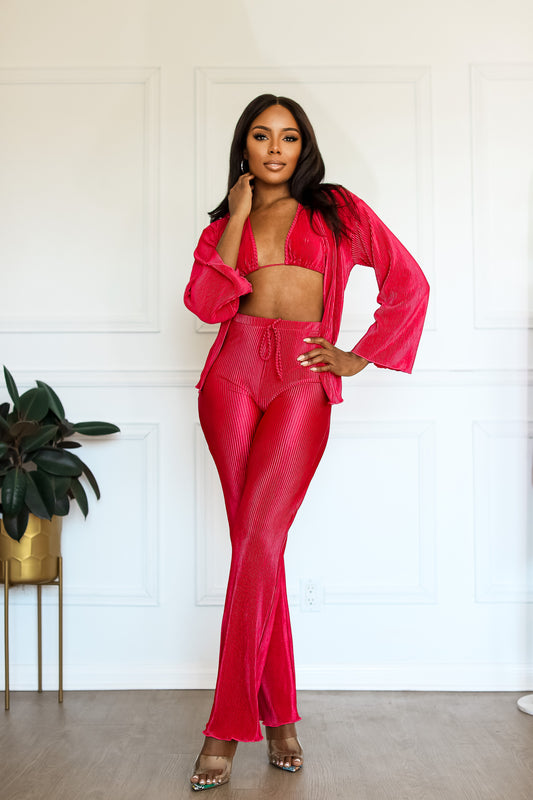 Plisse Set 3 Piece: Allure Elegance Fuchsia Whimsical Pleated Pink