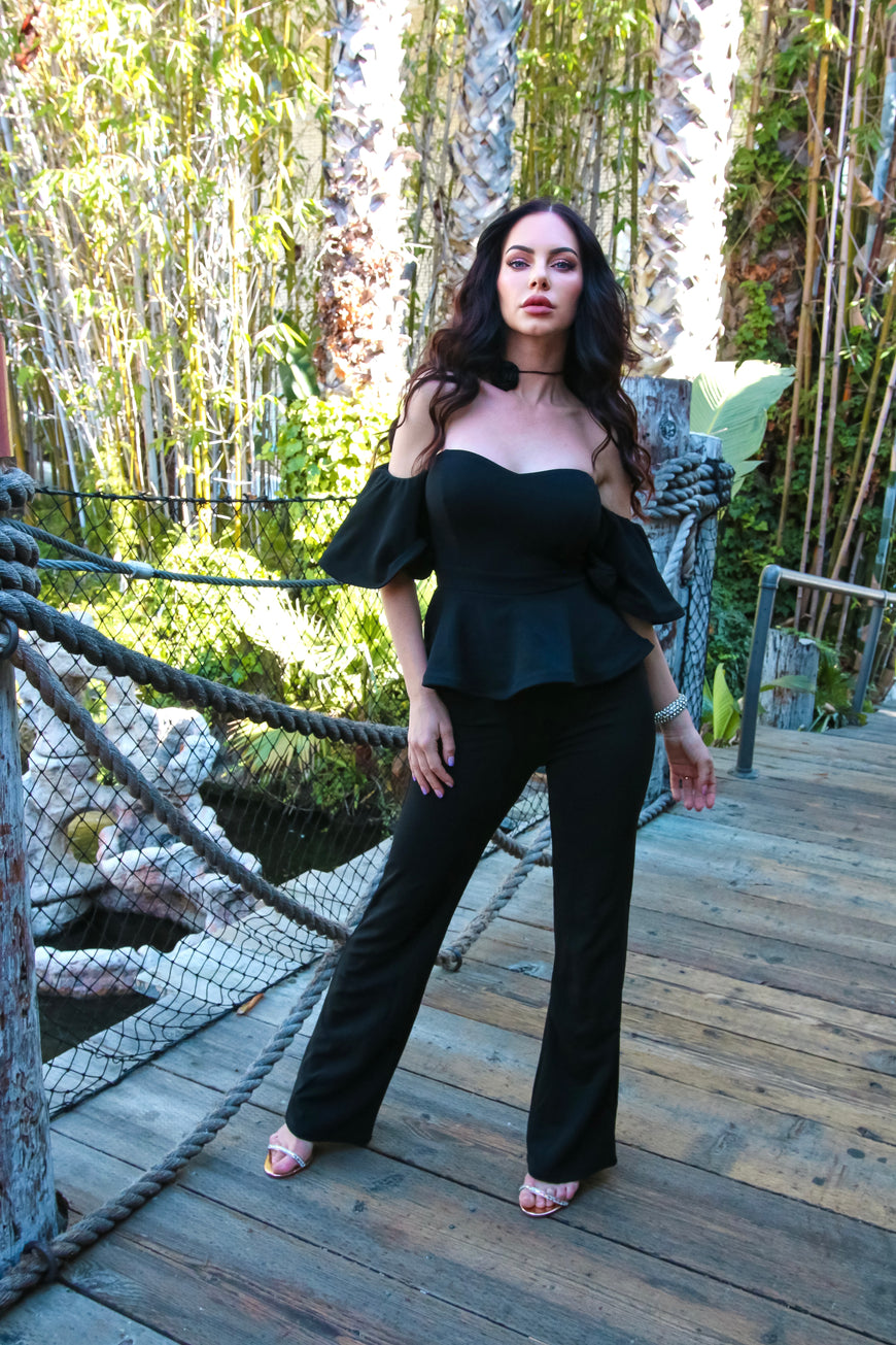 Off The Shoulder Peplum Top & Flare Leg Jumpsuit: Talk To Me Nice