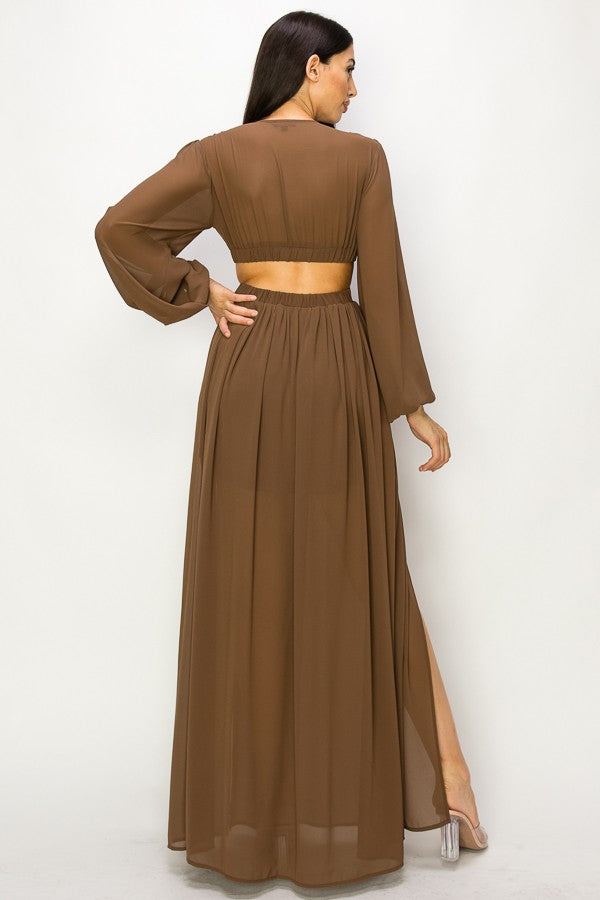 Cut Out Maxi Dress: Malibu Sunset Plunging V With Long Sleeves
