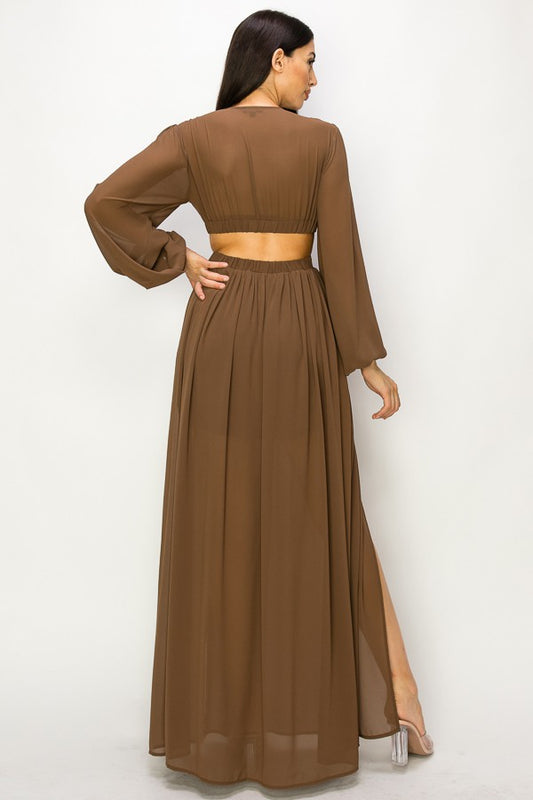 Cut Out Maxi Dress: Malibu Sunset Plunging V With Long Sleeves