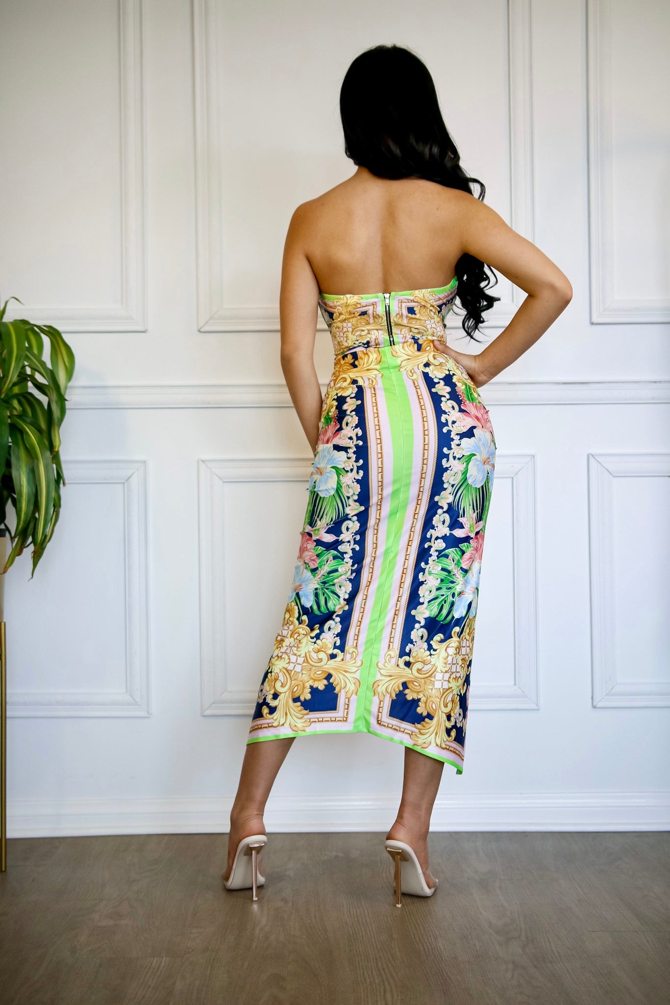 Bodycon Skirt Set with Slit & Bandeau Top: Tempted To Touch in Green