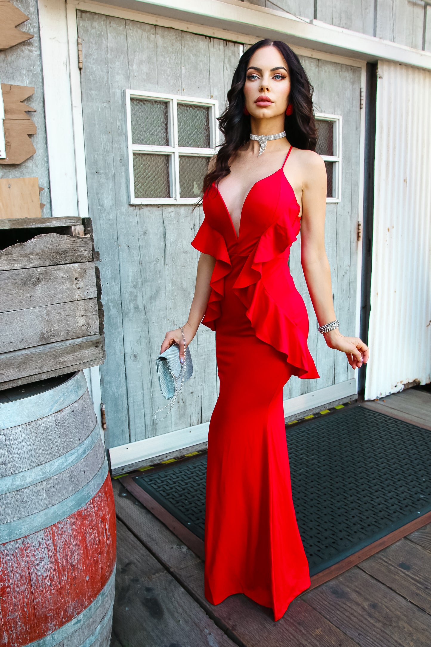 Sleeveless V-Neck Maxi Dress: Hollywood Glow Halter in Red