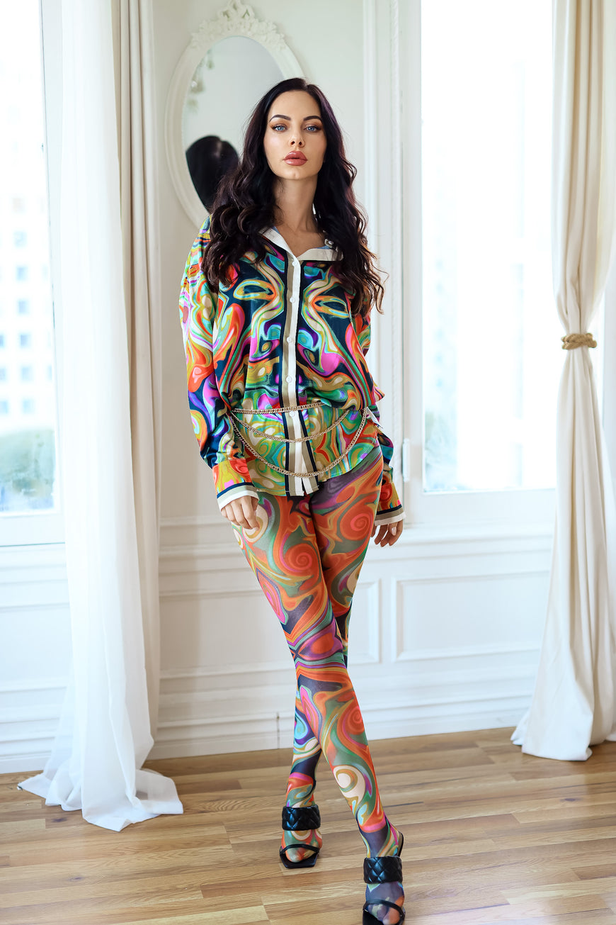 Rule Breaker Printed Scarf Mixed Swirls Button Down Shirt and Mesh Leggings Set