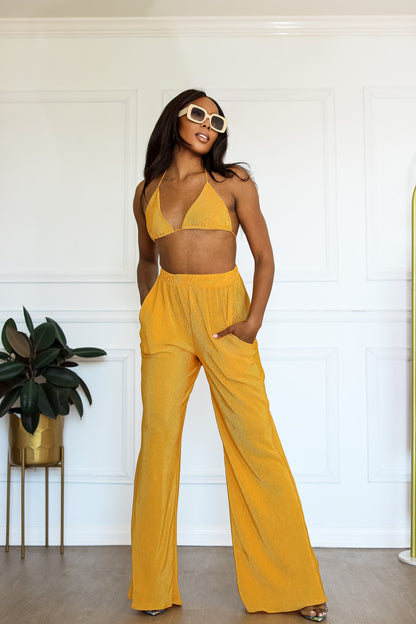 Plisse Pant Set: Seaside Soiree 2 Piece Pleated Set in Yellow