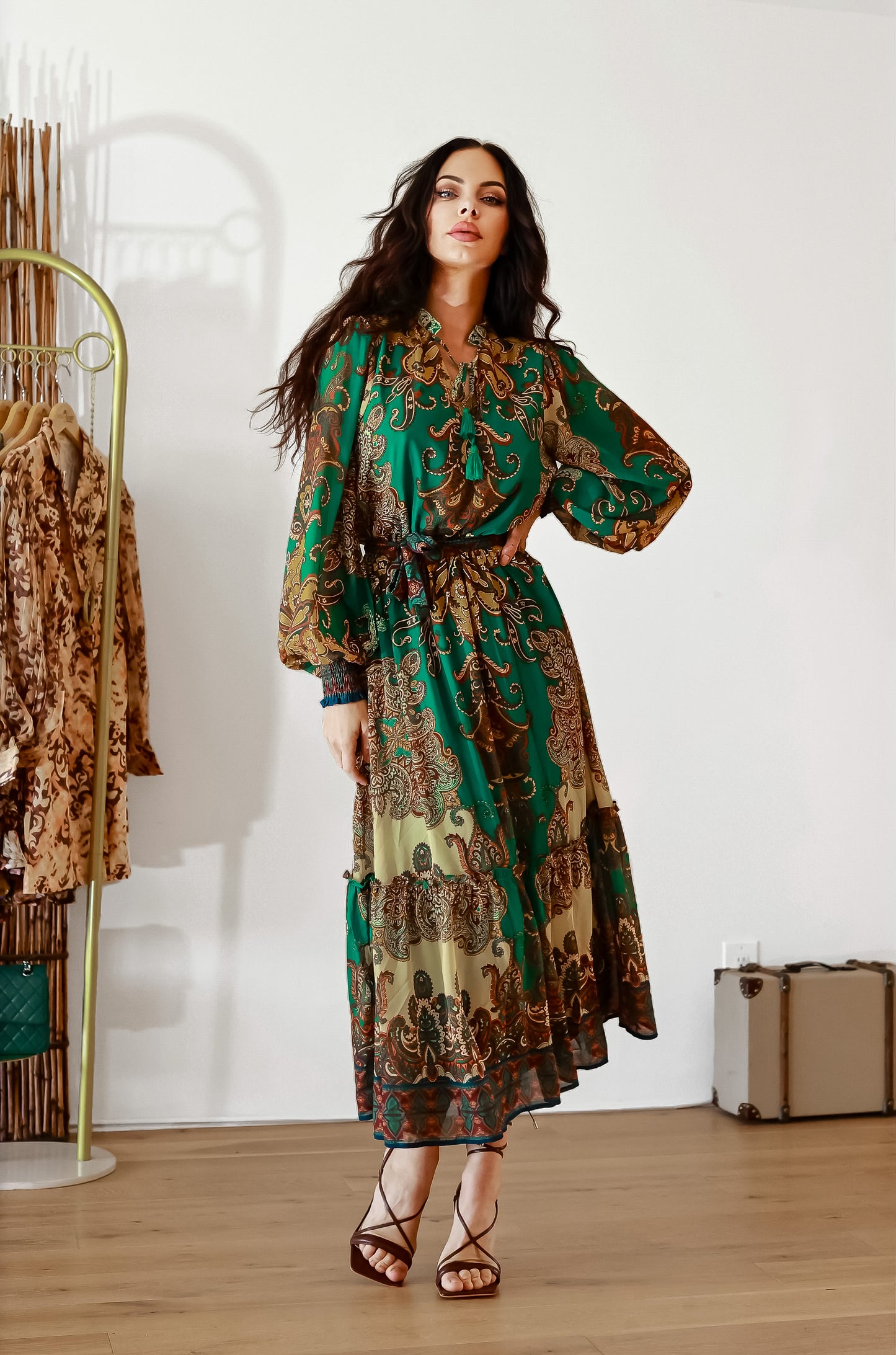 Pleated Midi Dress: Bohemian Breeze With Long Sleeves