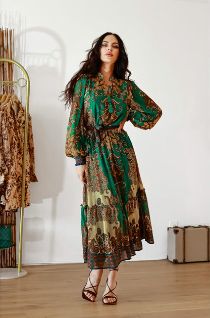 Pleated Midi Dress: Bohemian Breeze With Long Sleeves