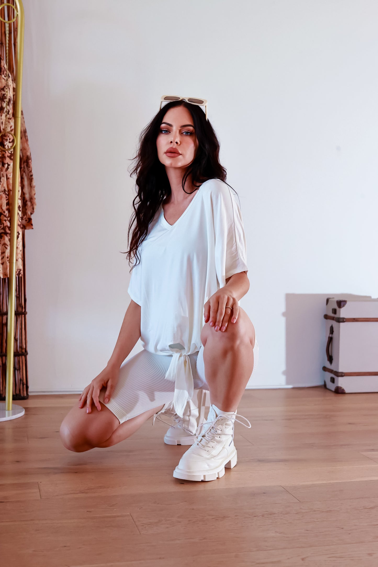 Ribbed Shorts Set: On The Go Front Tie Top in Ivory