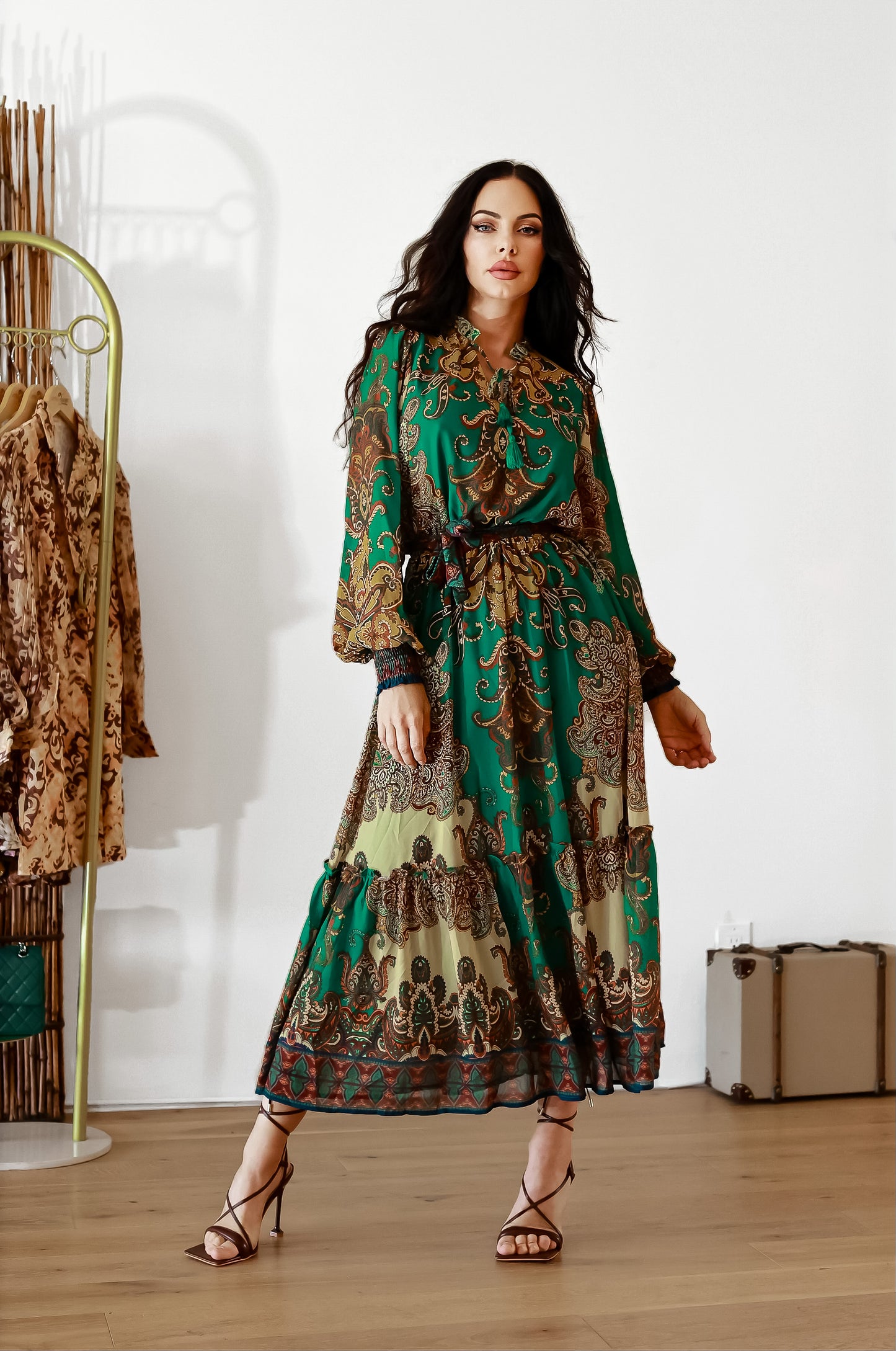 Pleated Midi Dress: Bohemian Breeze With Long Sleeves