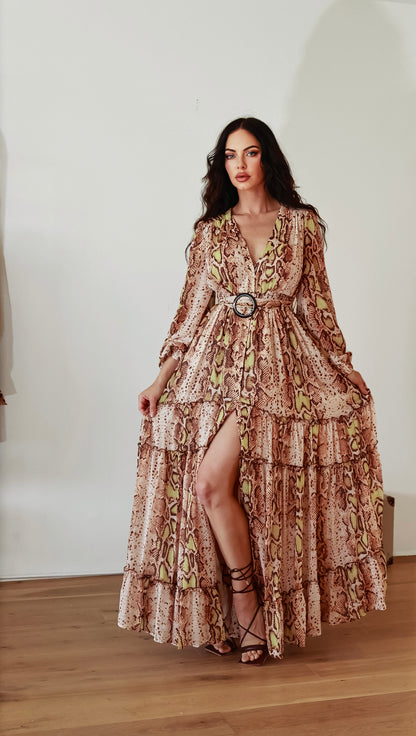 Snake Print Maxi Dress: Wild Savannah With Slit And Long Sleeves