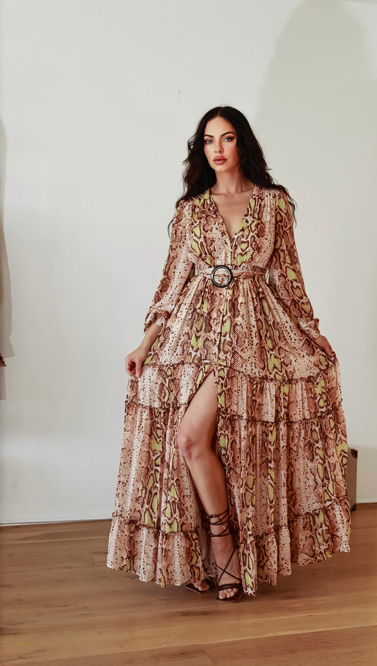 Snake Print Maxi Dress: Wild Savannah With Slit And Long Sleeves