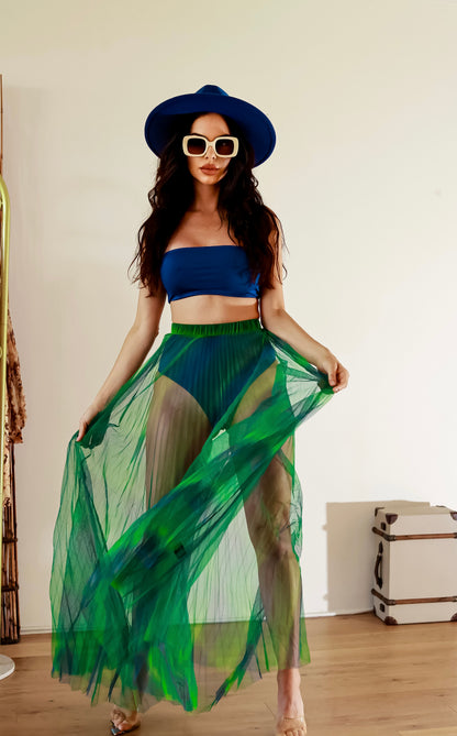 Diva Energy Rainbow Pleated Maxi Mesh Sheer Skirt & Bandeau Top Set