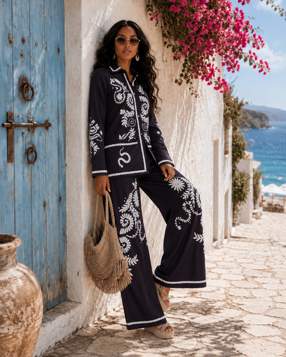 Wide Leg Print Elastic Waist Pant Set : Opposites Attract