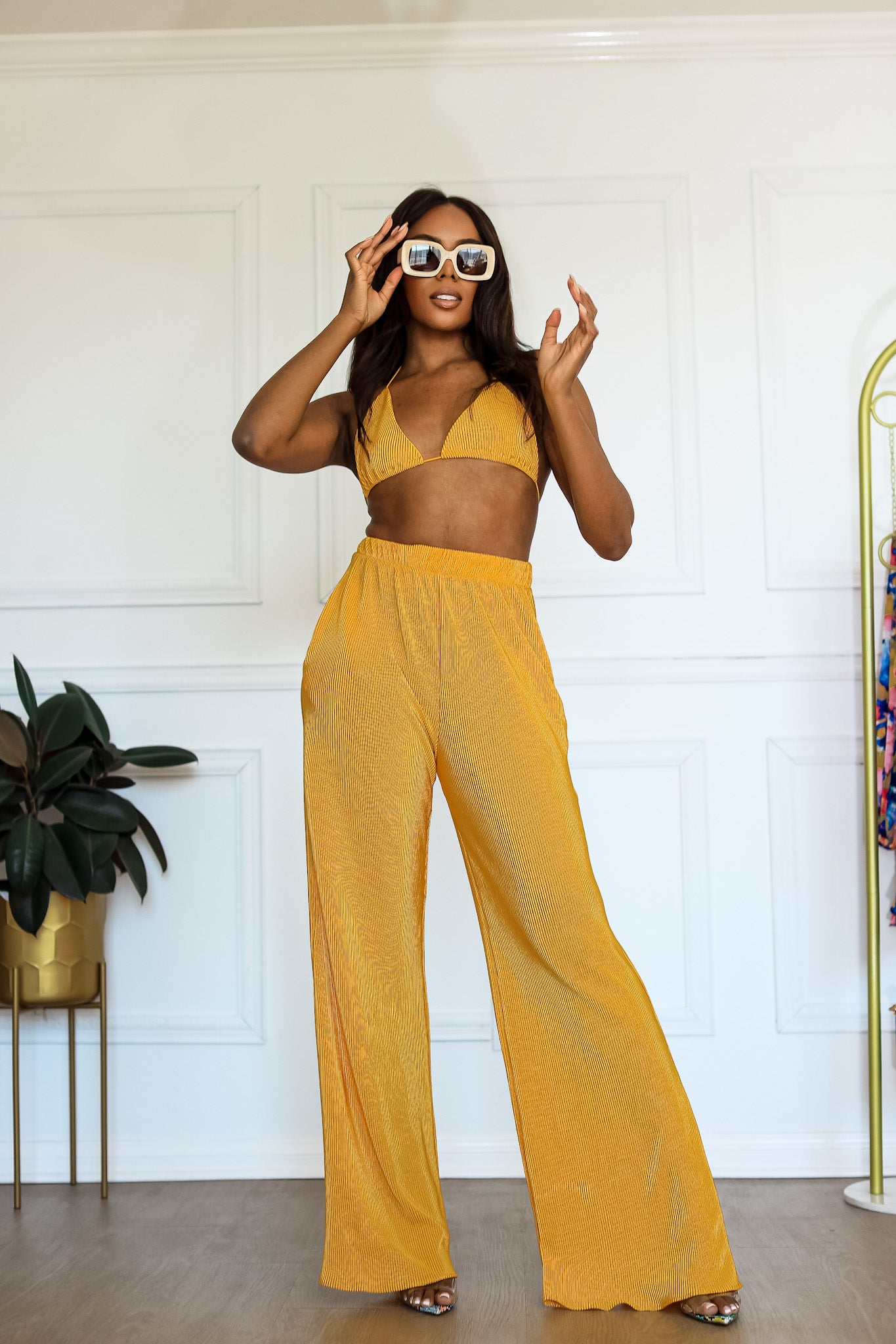 Plisse Pant Set: Seaside Soiree 2 Piece Pleated Set in Yellow