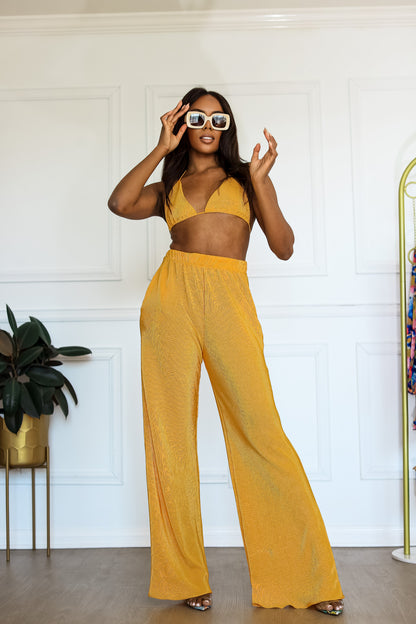 Plisse Pant Set: Seaside Soiree 2 Piece Pleated Set in Yellow