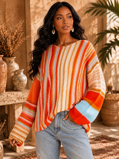 Colorblock Long Sleeve Stripe Sweater: Orange Crush