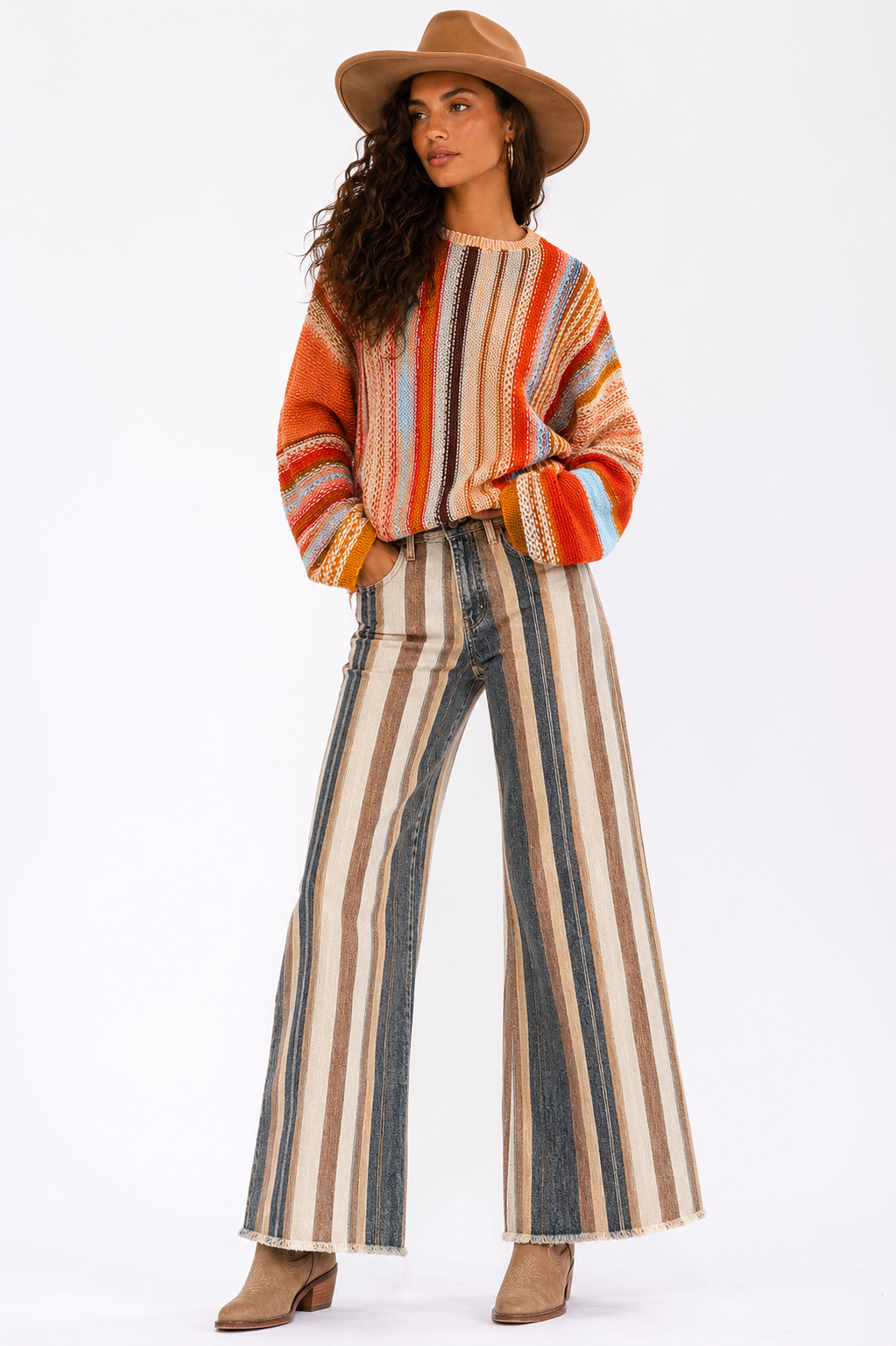 Colorblock Long Sleeve Stripe Sweater: Orange Crush