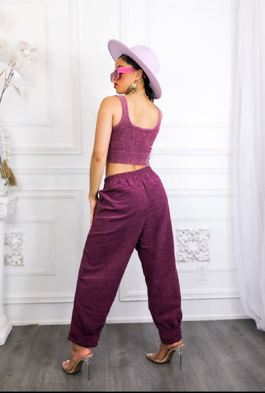 Purple Ribbed Cropped Top & Corduroy Pocket Front Pants Set: Hung Up On You