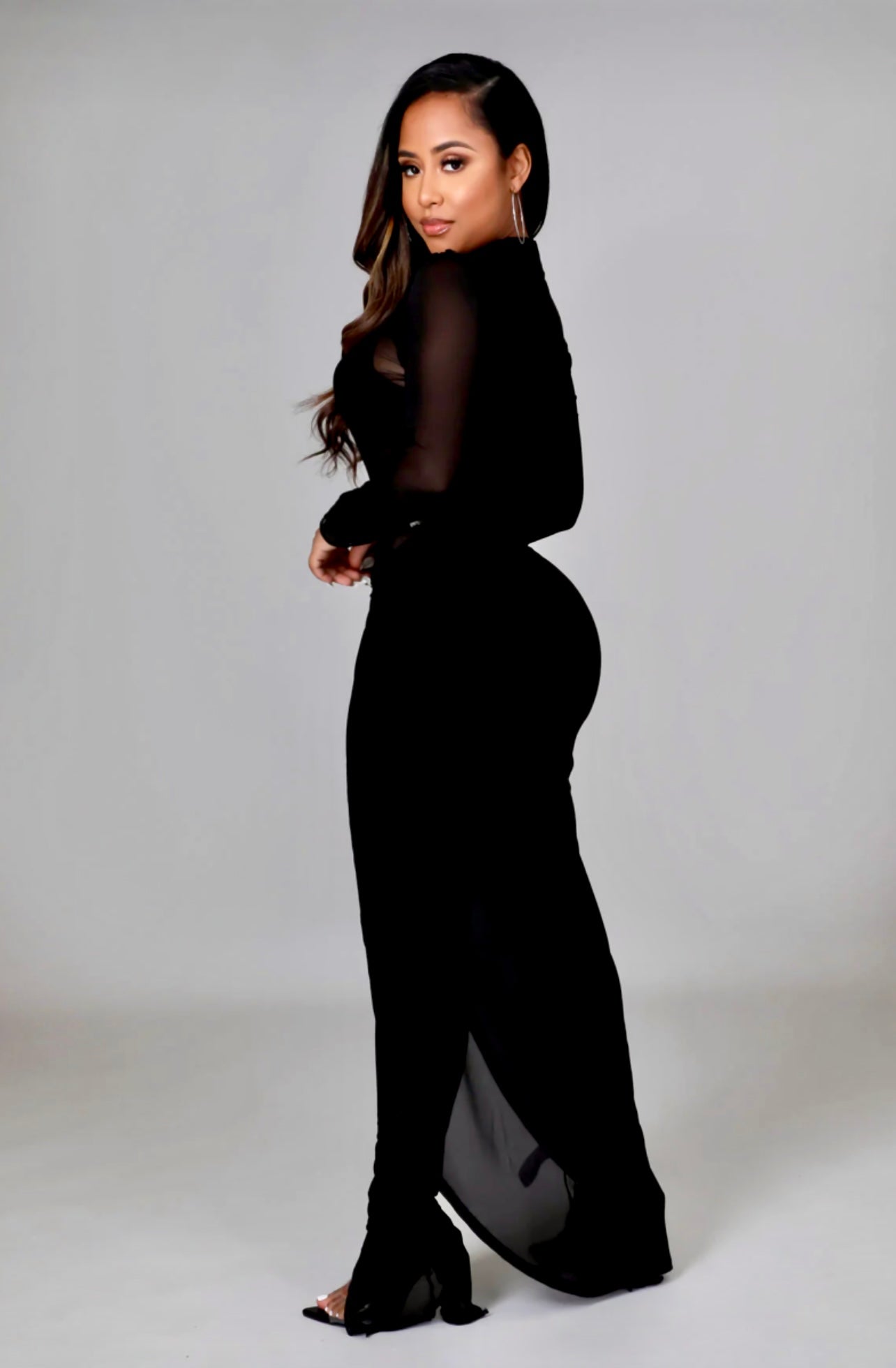 Sheer Jumpsuit Long Sleeve: Seductive Ruched Wrap Skirt in Black