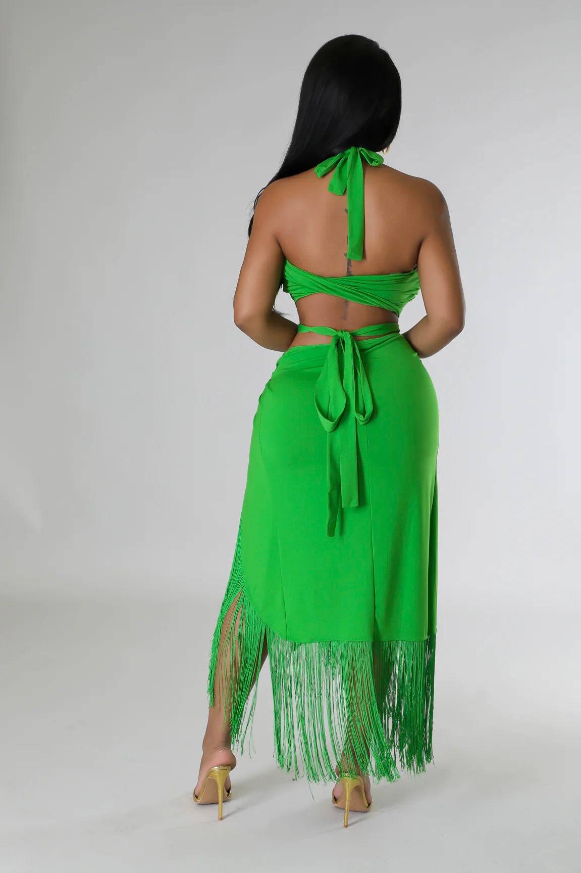 Backless Halter Top & Wrap Set: Emerald Oasis Green Fringe Wrap