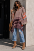 Boho Long Sleeve V-Neck Hooded Plaid Poncho Pullover