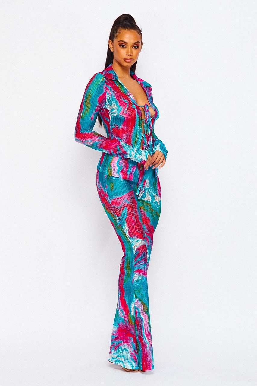 Wide Leg Two Piece Set: Vacay Fling Lace Up Tie Dye Blouse & Pants