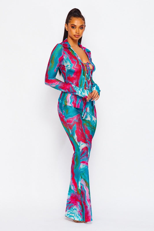 Wide Leg Two Piece Set: Vacay Fling Lace Up Tie Dye Blouse & Pants