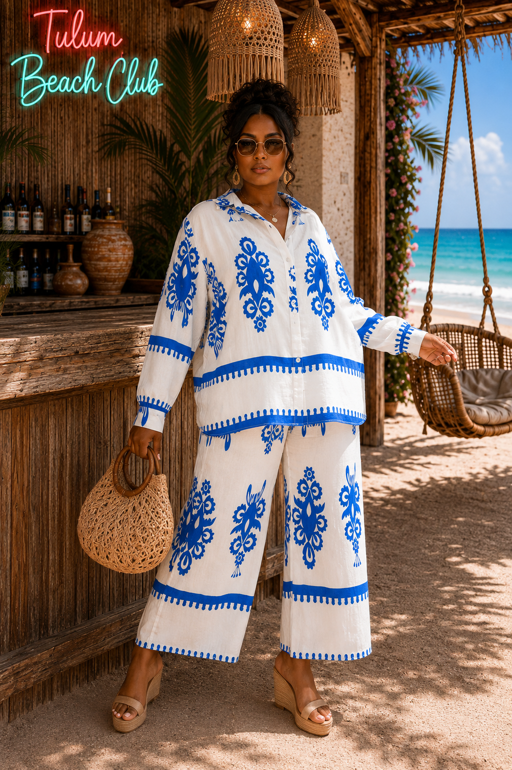 Plus Size Wide Leg Pant Set : Alluring Coastal Crush